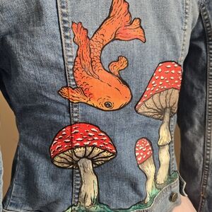 Denim Jacket with Fish and Mushroom Design